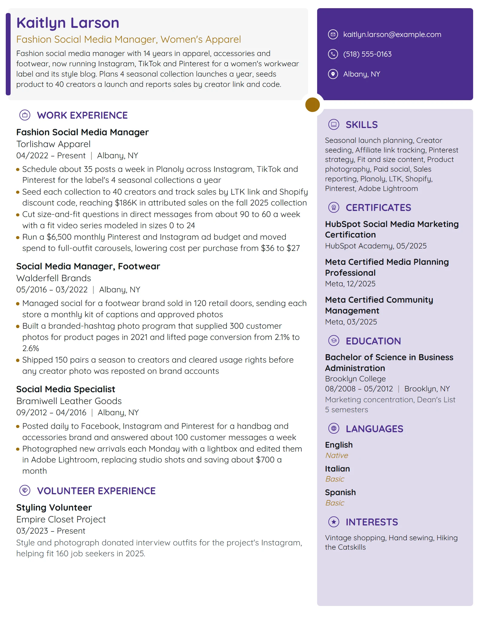 Fashion Social Media Manager resume example
