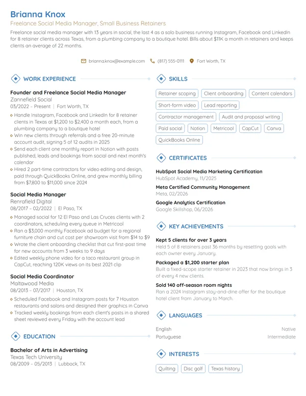 Freelance Social Media Manager resume example