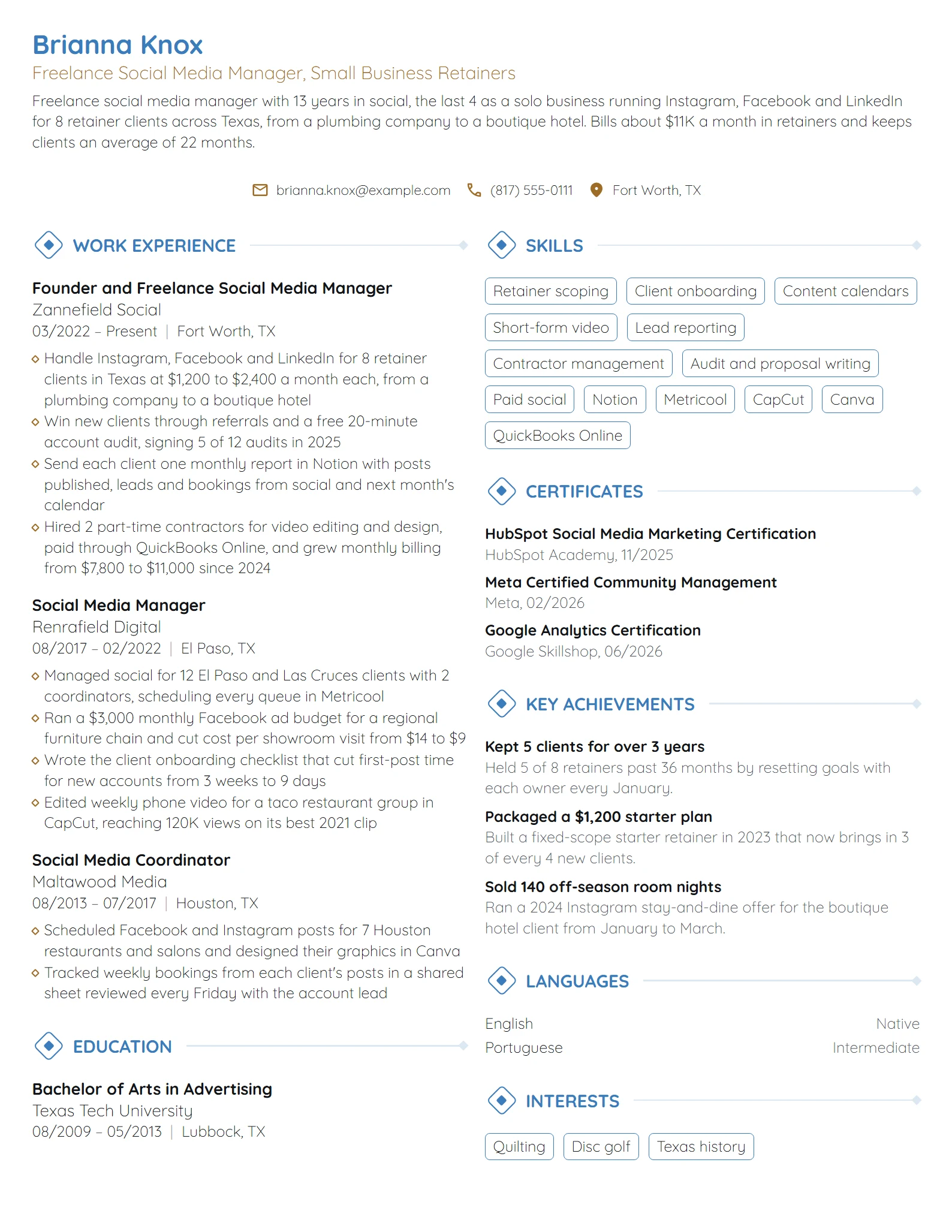 Freelance Social Media Manager resume example