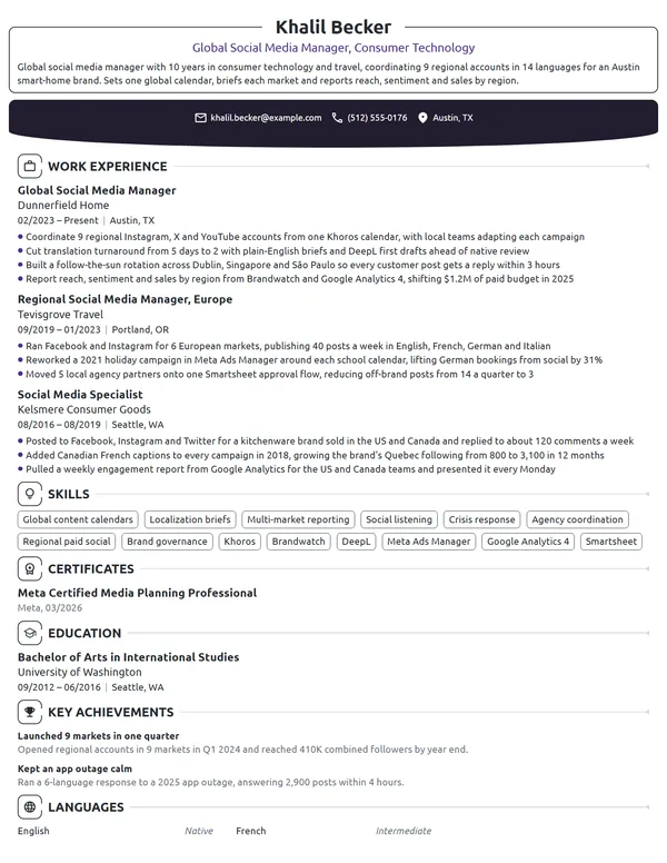 Global Social Media Manager resume example