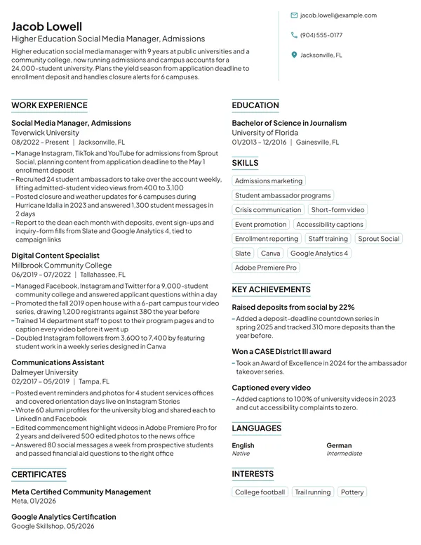 Higher Education Social Media Manager resume example