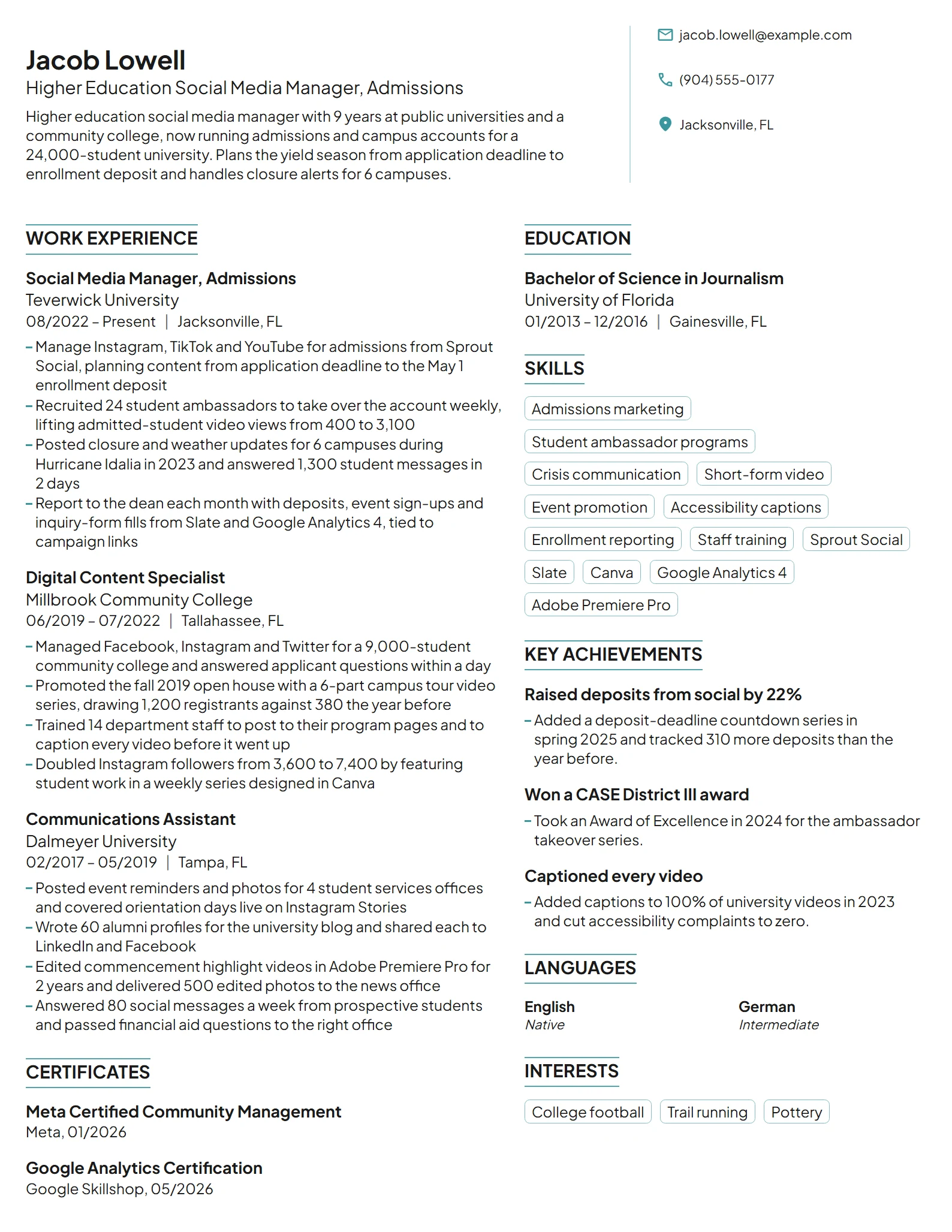 Higher Education Social Media Manager resume example