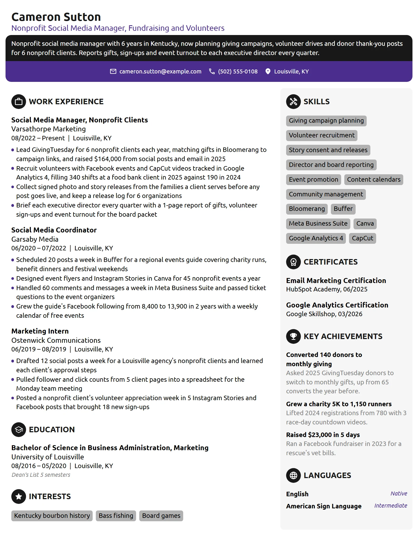 Nonprofit Social Media Manager resume example