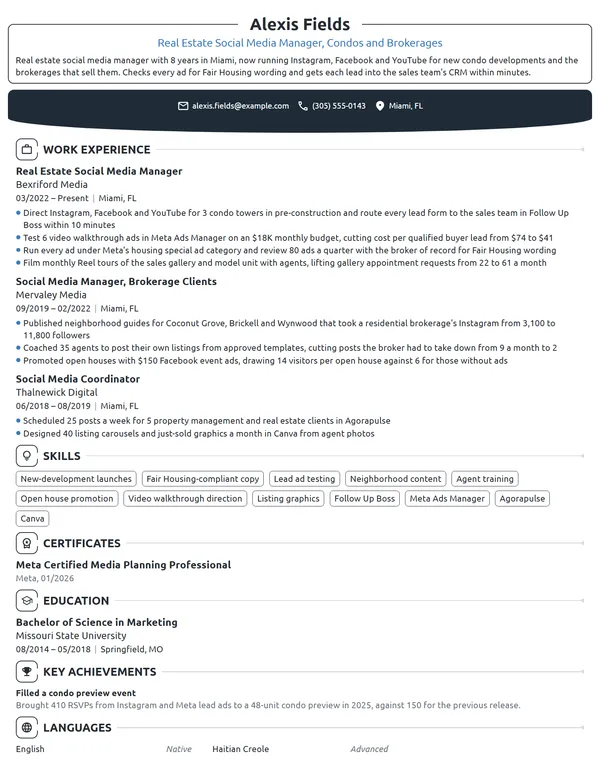 Real Estate Social Media Manager resume example