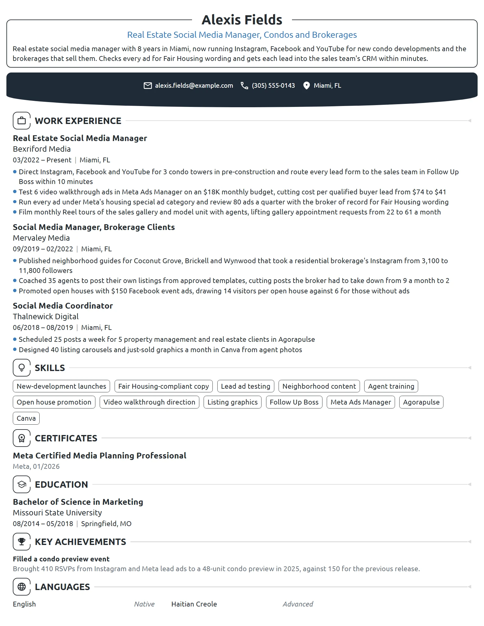 Real Estate Social Media Manager resume example