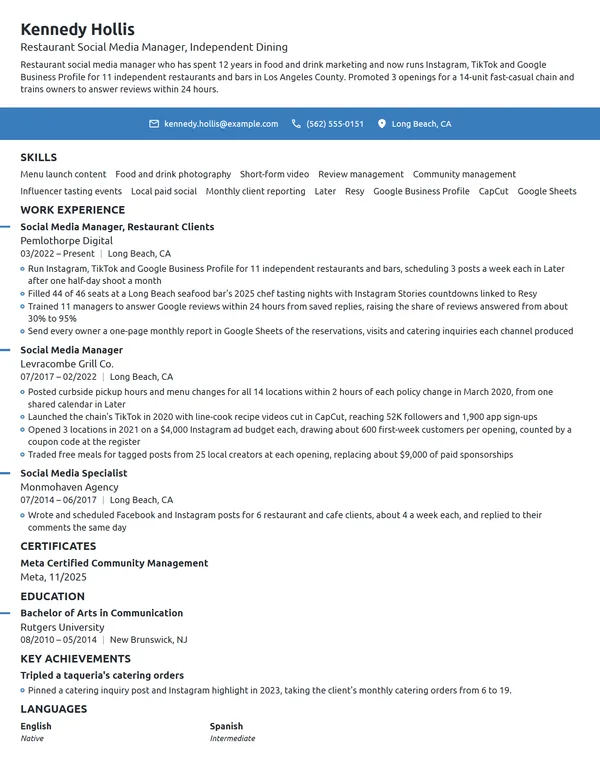 Restaurant Social Media Manager resume example