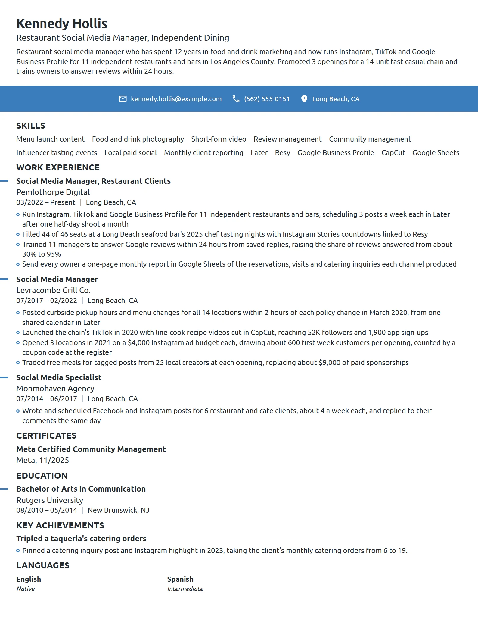 Restaurant Social Media Manager resume example