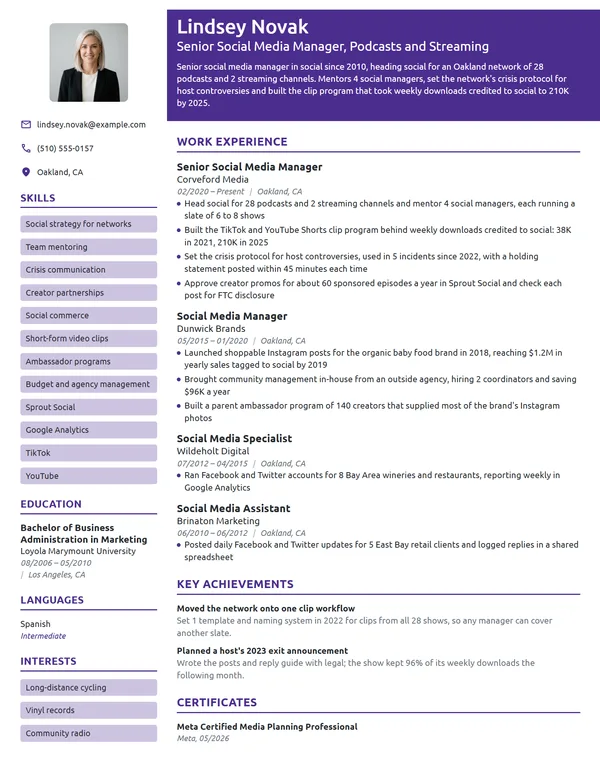 Senior Social Media Manager resume example