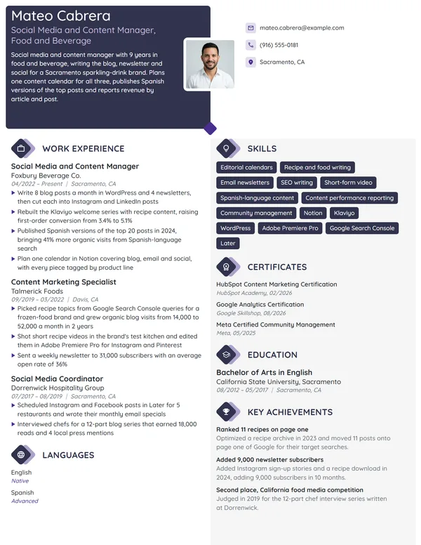 Social Media and Content Manager resume example
