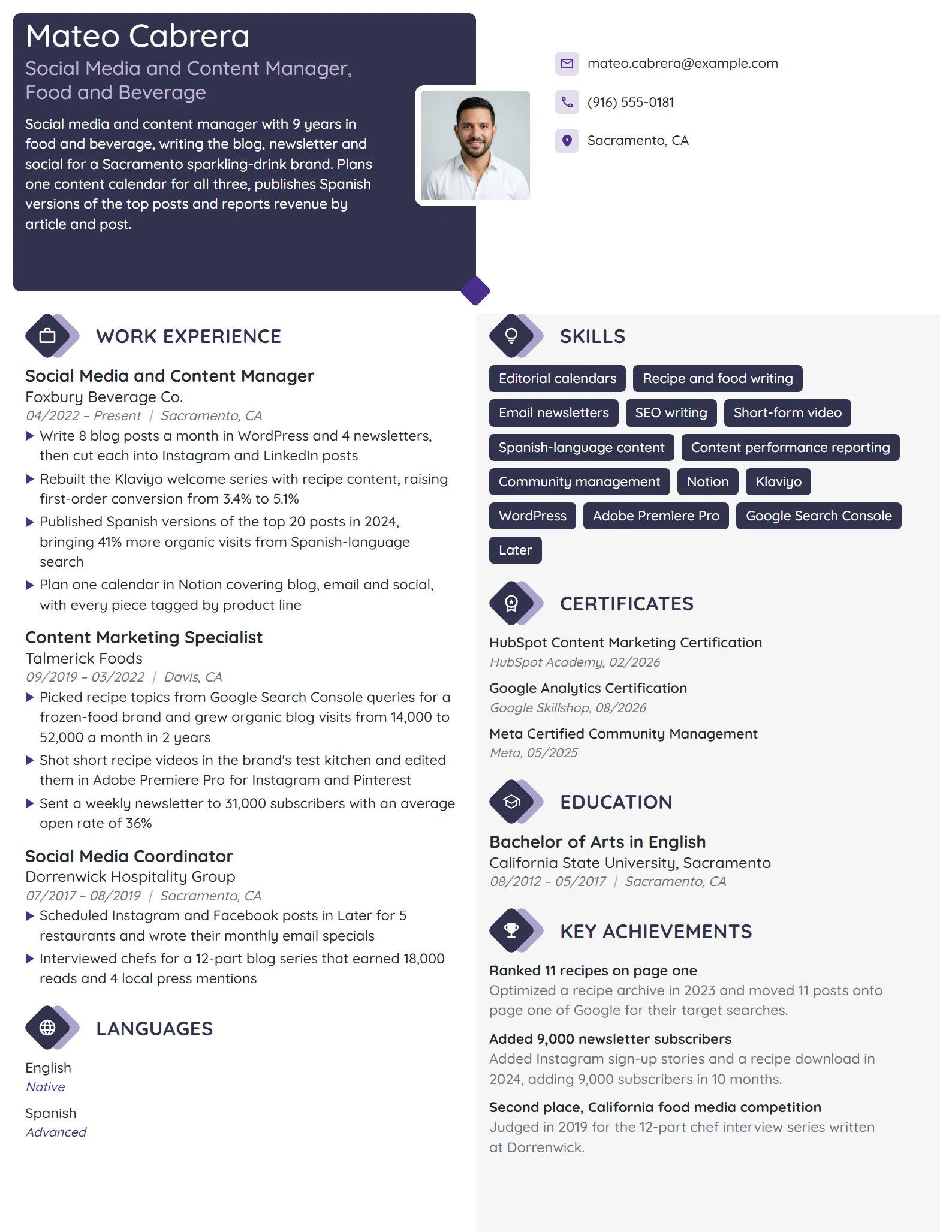 Social Media and Content Manager resume example