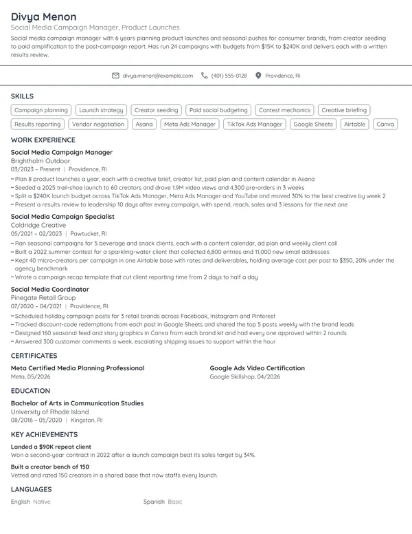 Social Media Campaign Manager resume example