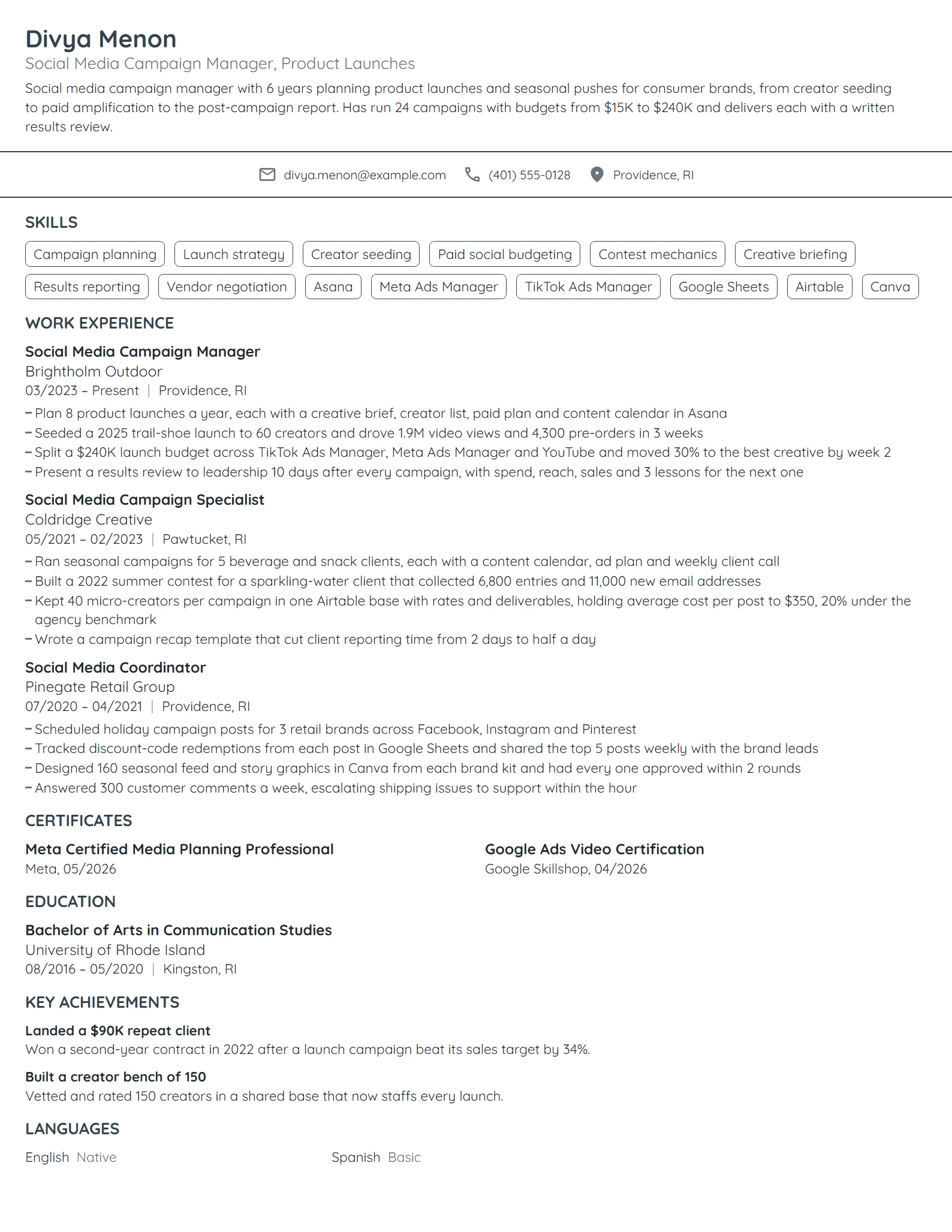 Social Media Campaign Manager resume example