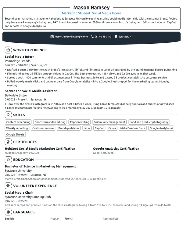 Social Media Intern resume example