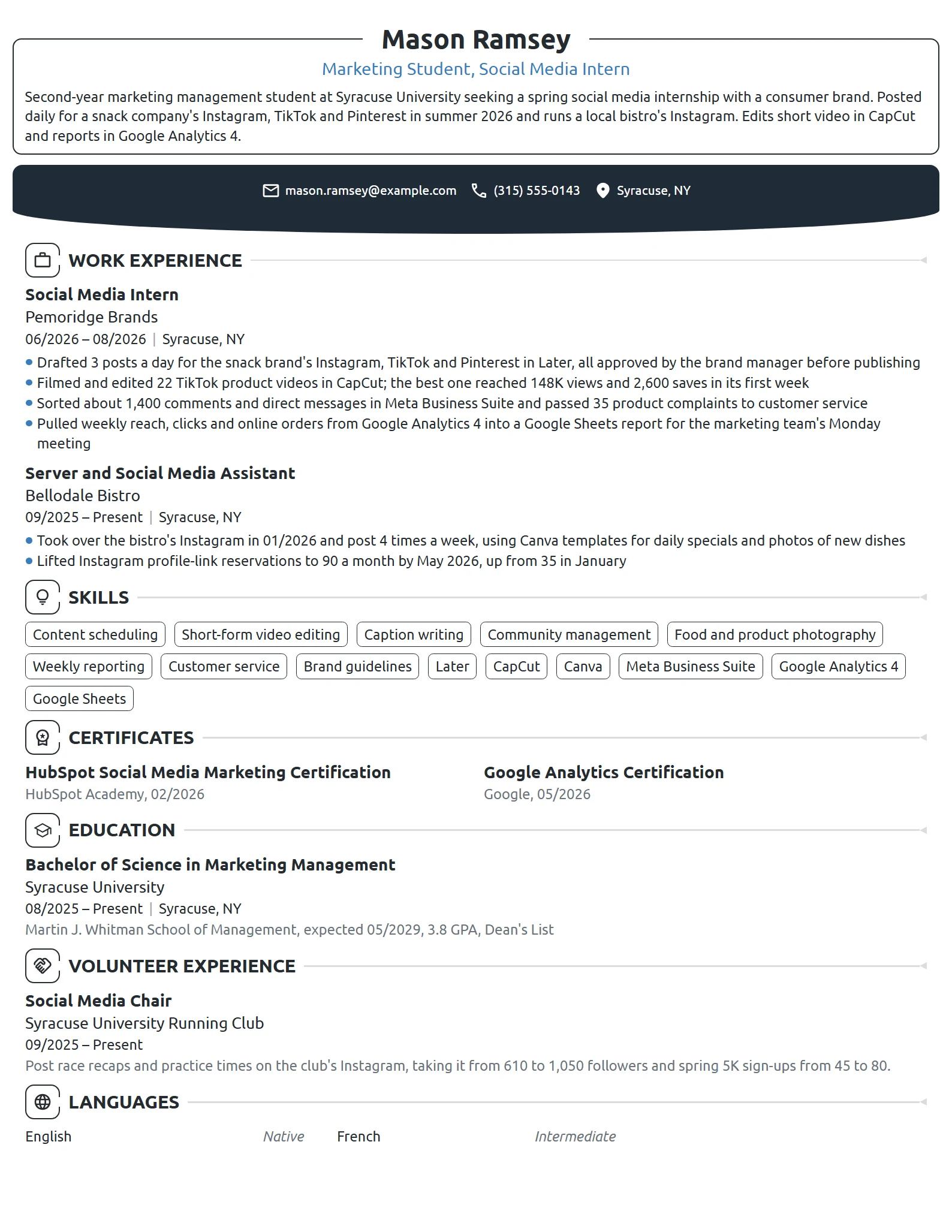 Social Media Intern resume example