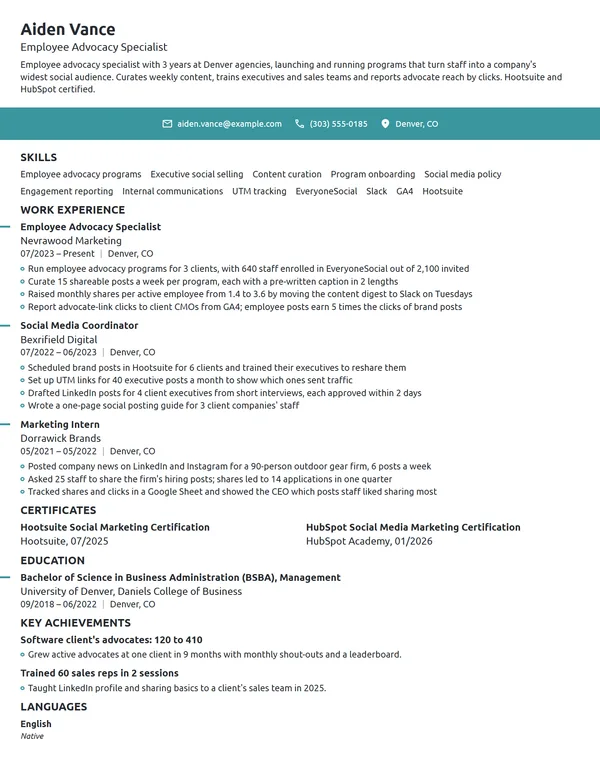 Employee Advocacy Specialist resume example