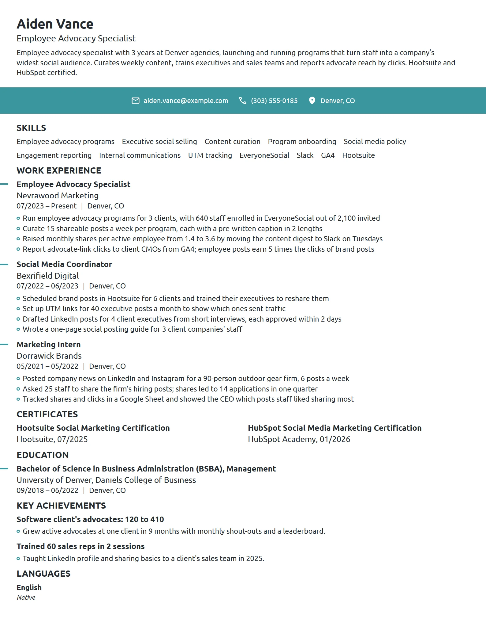 Employee Advocacy Specialist resume example