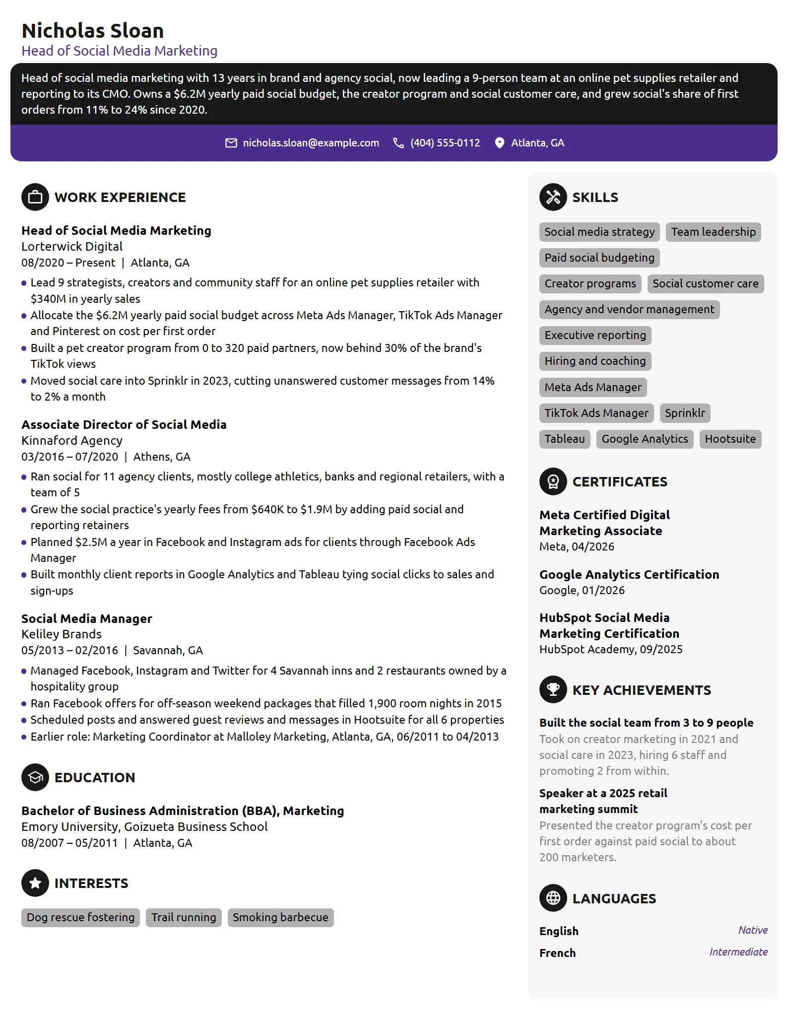 Head of Social Media Marketing resume example