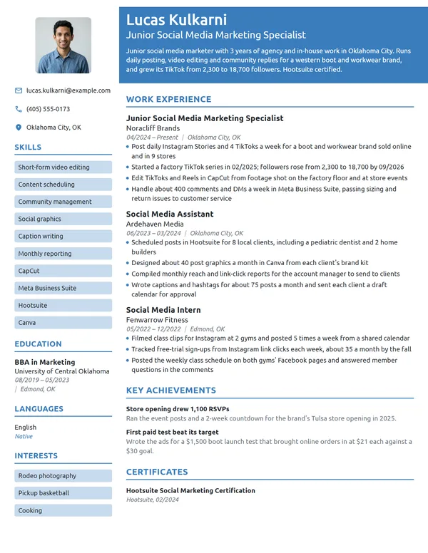 Junior Social Media Marketing Specialist resume example