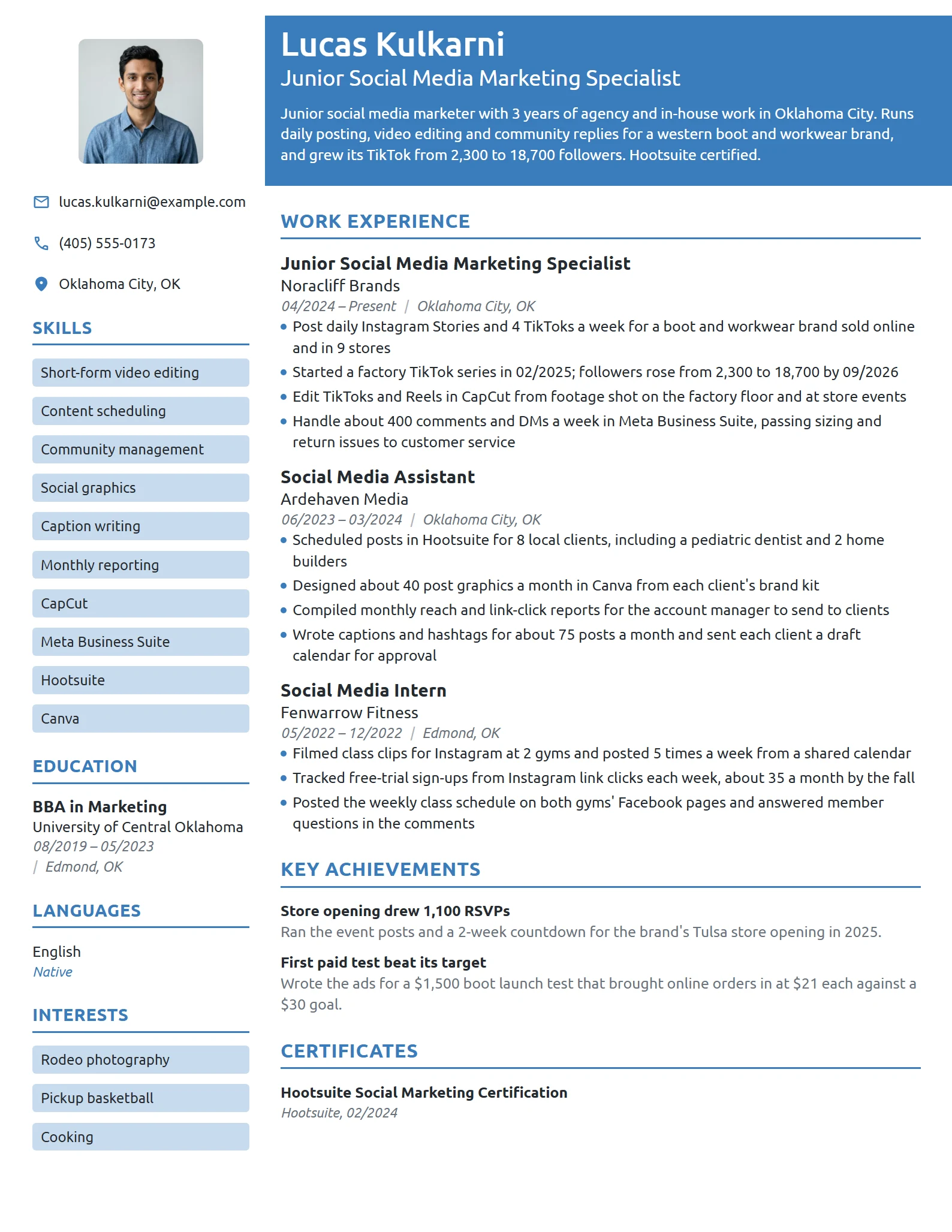 Junior Social Media Marketing Specialist resume example