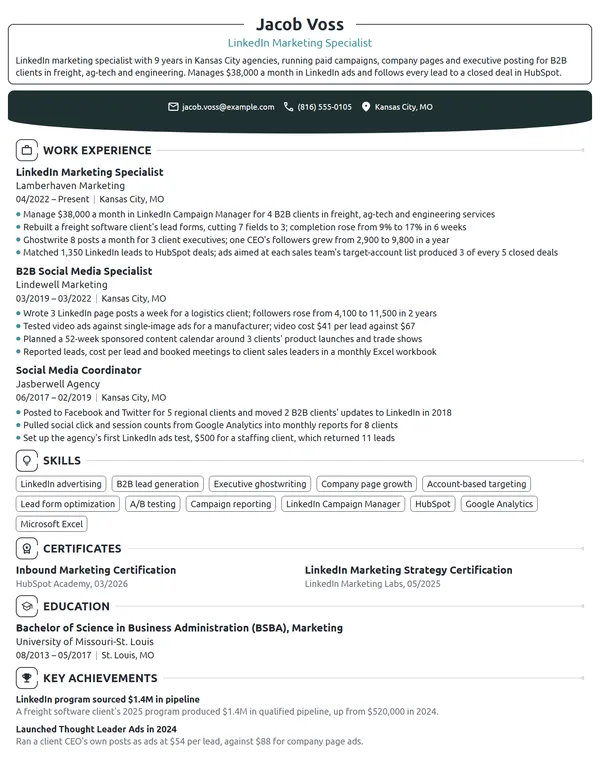 LinkedIn Marketing Specialist resume example