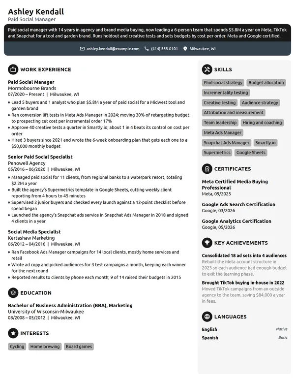 Paid Social Manager resume example