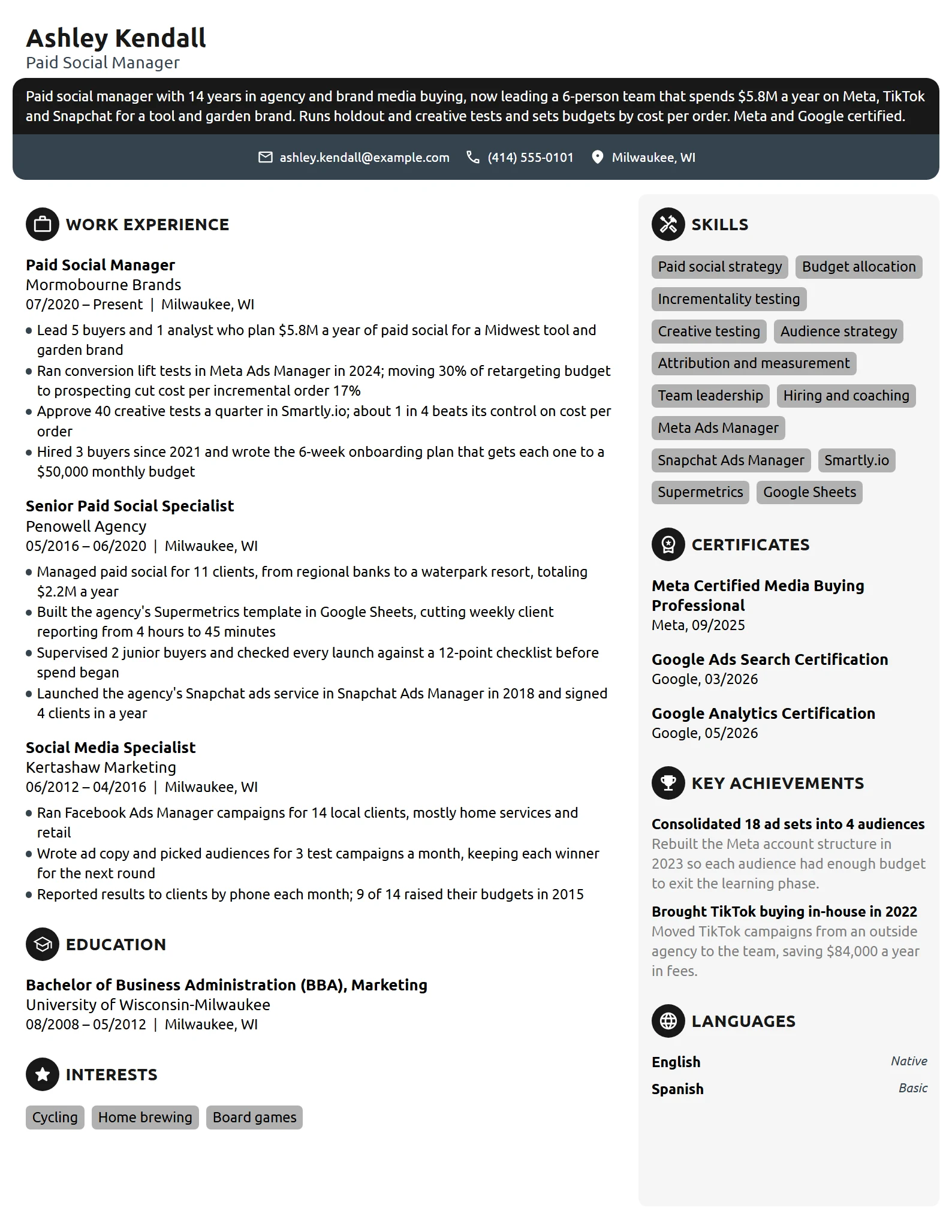 Paid Social Manager resume example
