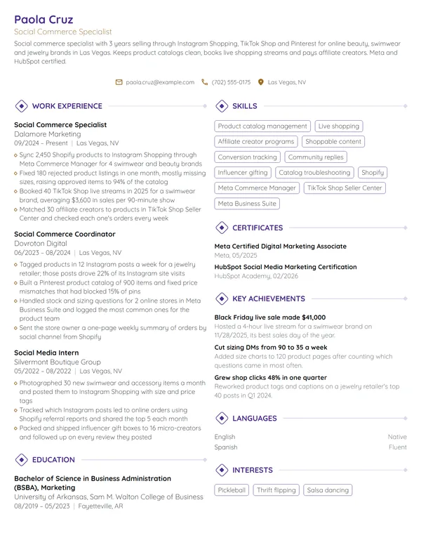 Social Commerce Specialist resume example