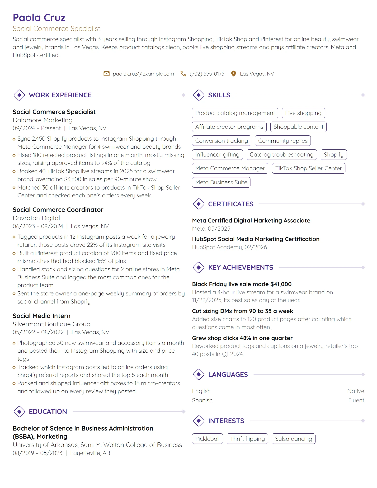Social Commerce Specialist resume example