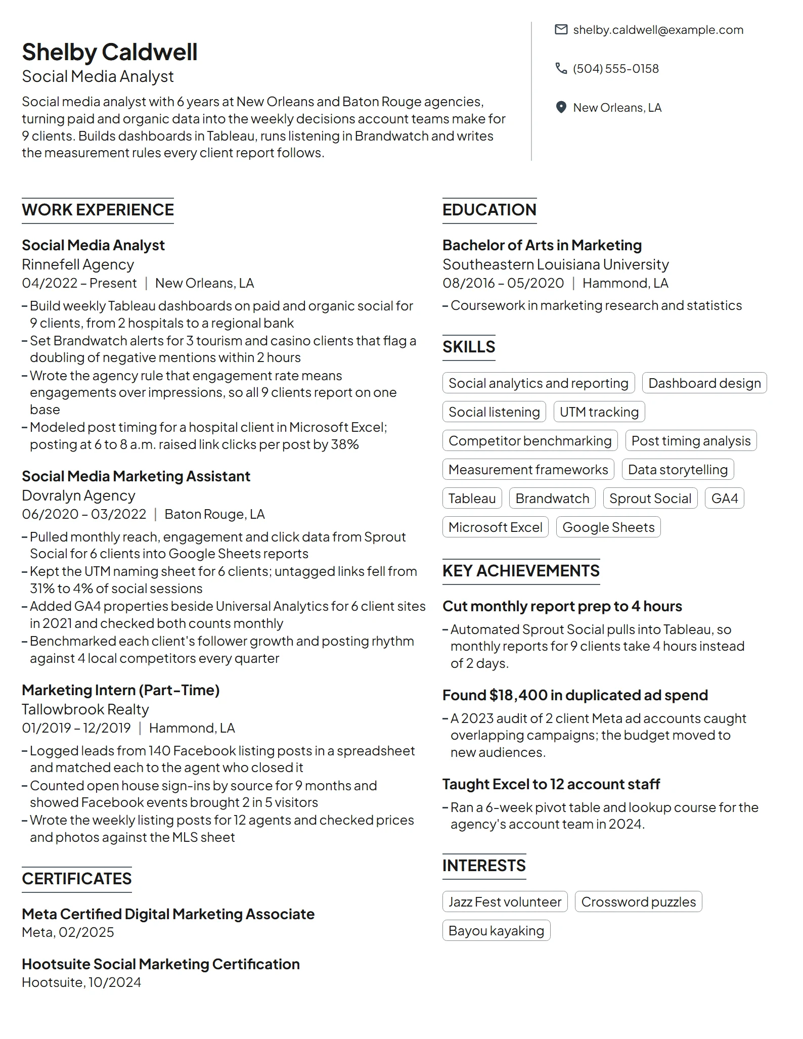 Social Media Analyst resume example