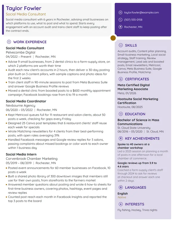 Social Media Consultant resume example