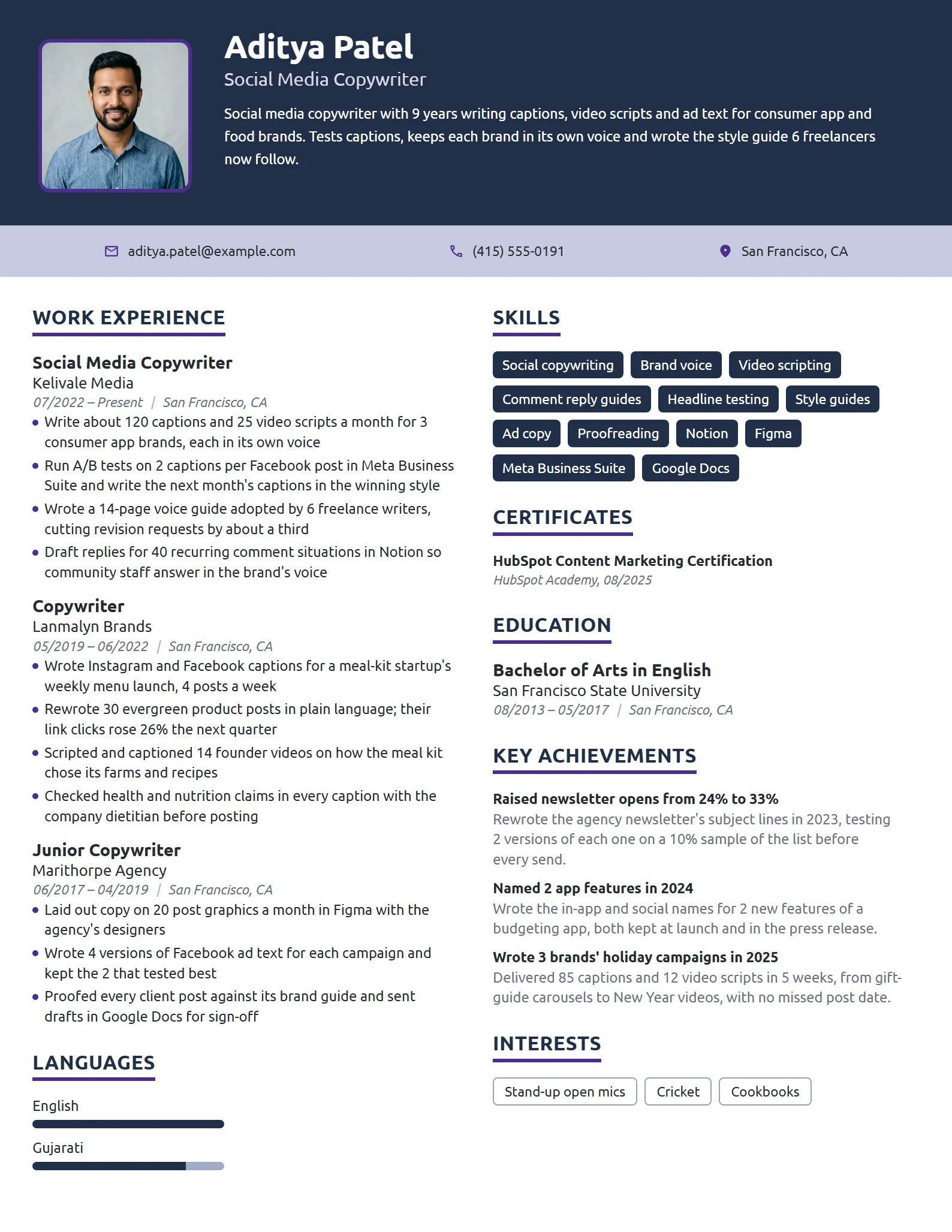 Social Media Copywriter resume example