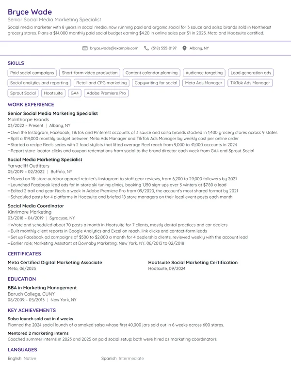 Social Media Marketing resume example