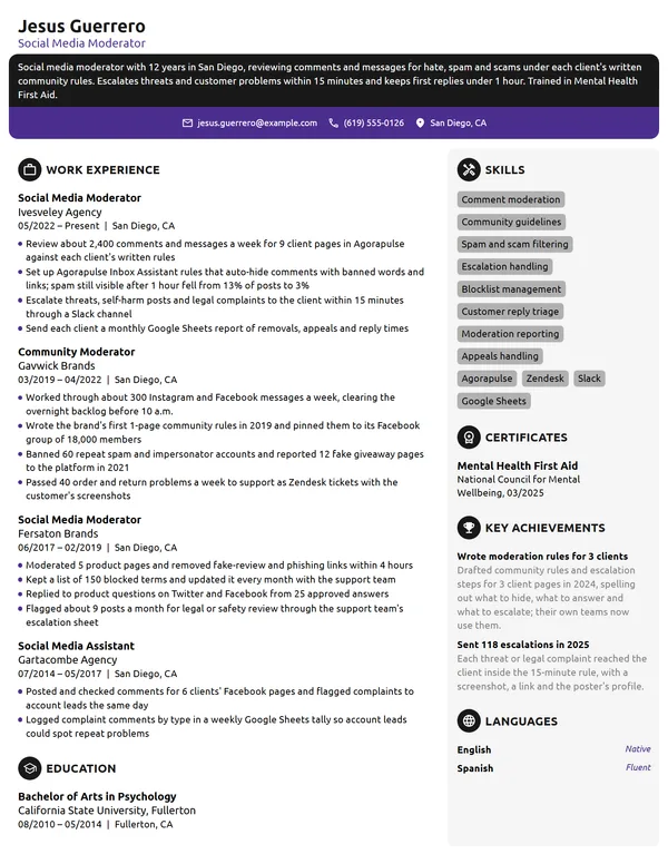 Social Media Moderator resume example