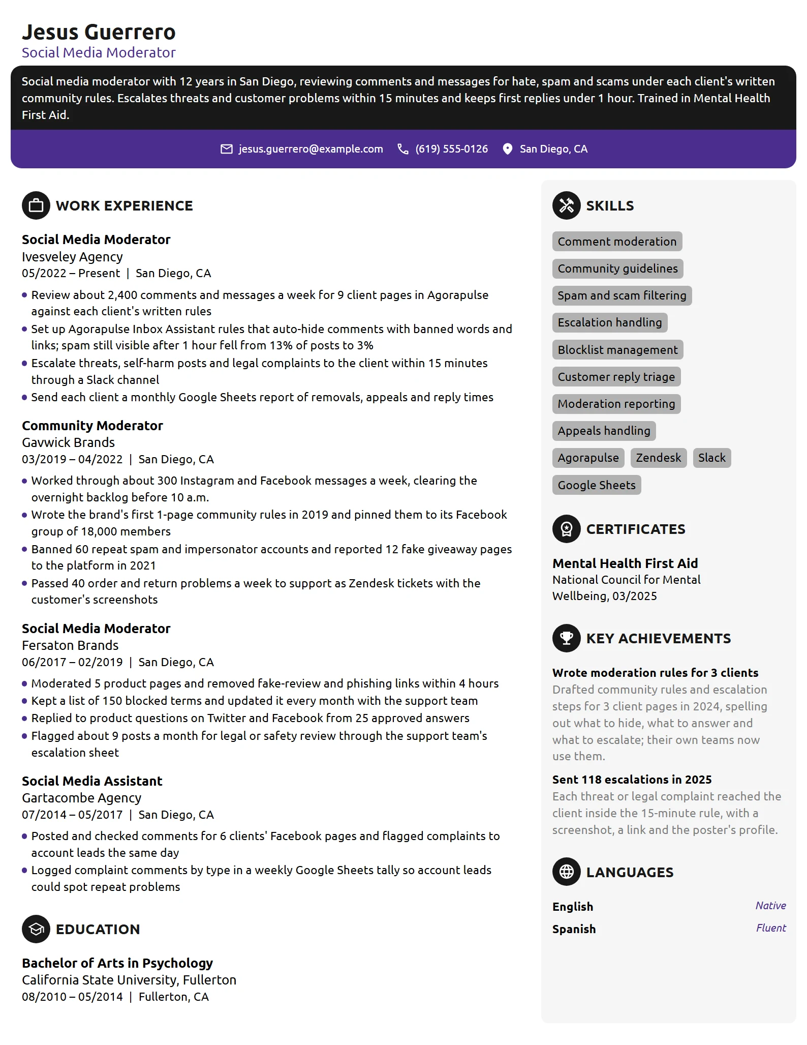 Social Media Moderator resume example