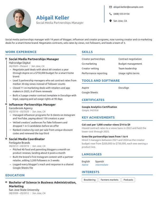 Social Media Partnerships Manager resume example