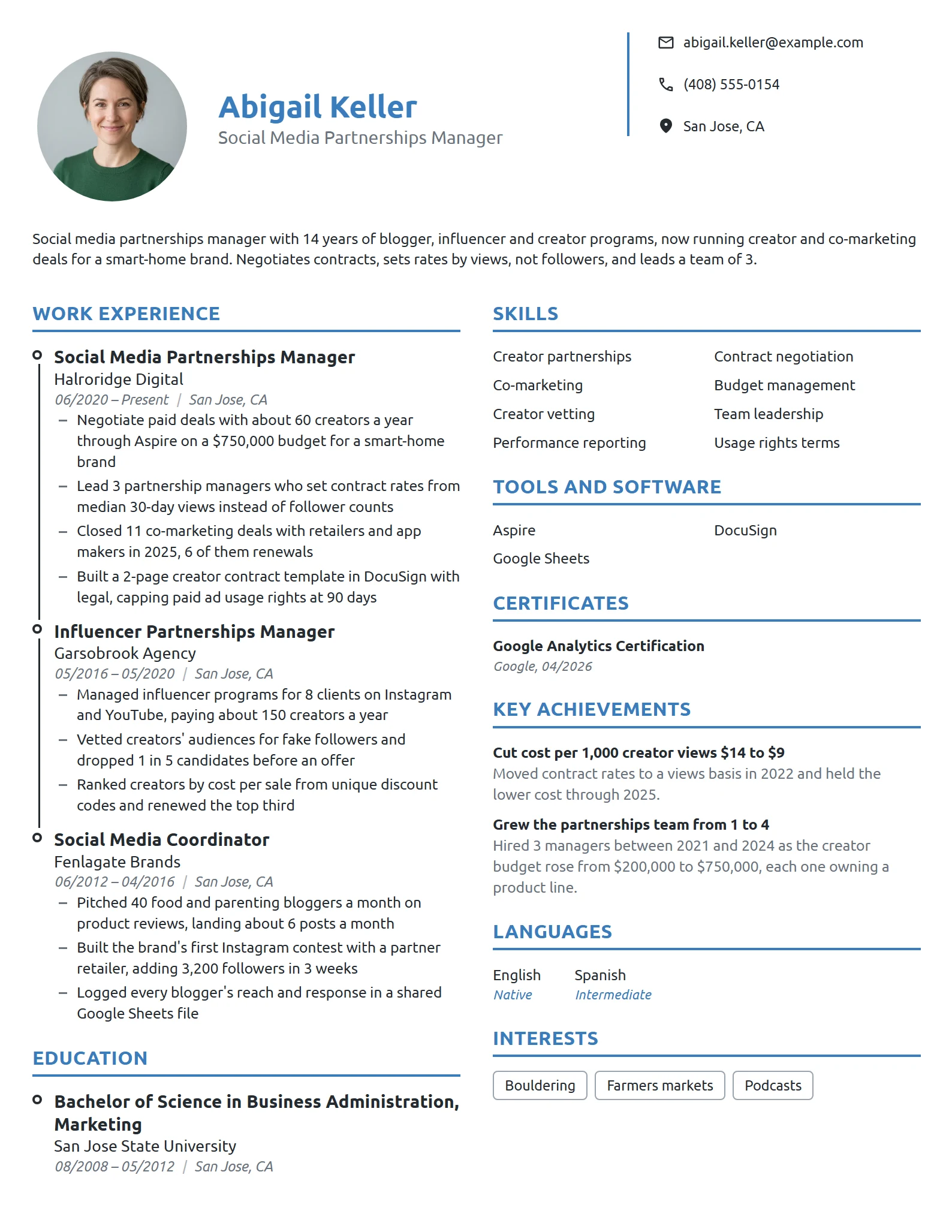 Social Media Partnerships Manager resume example