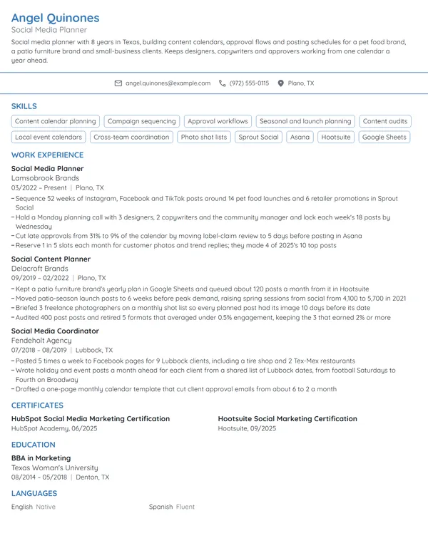 Social Media Planner resume example