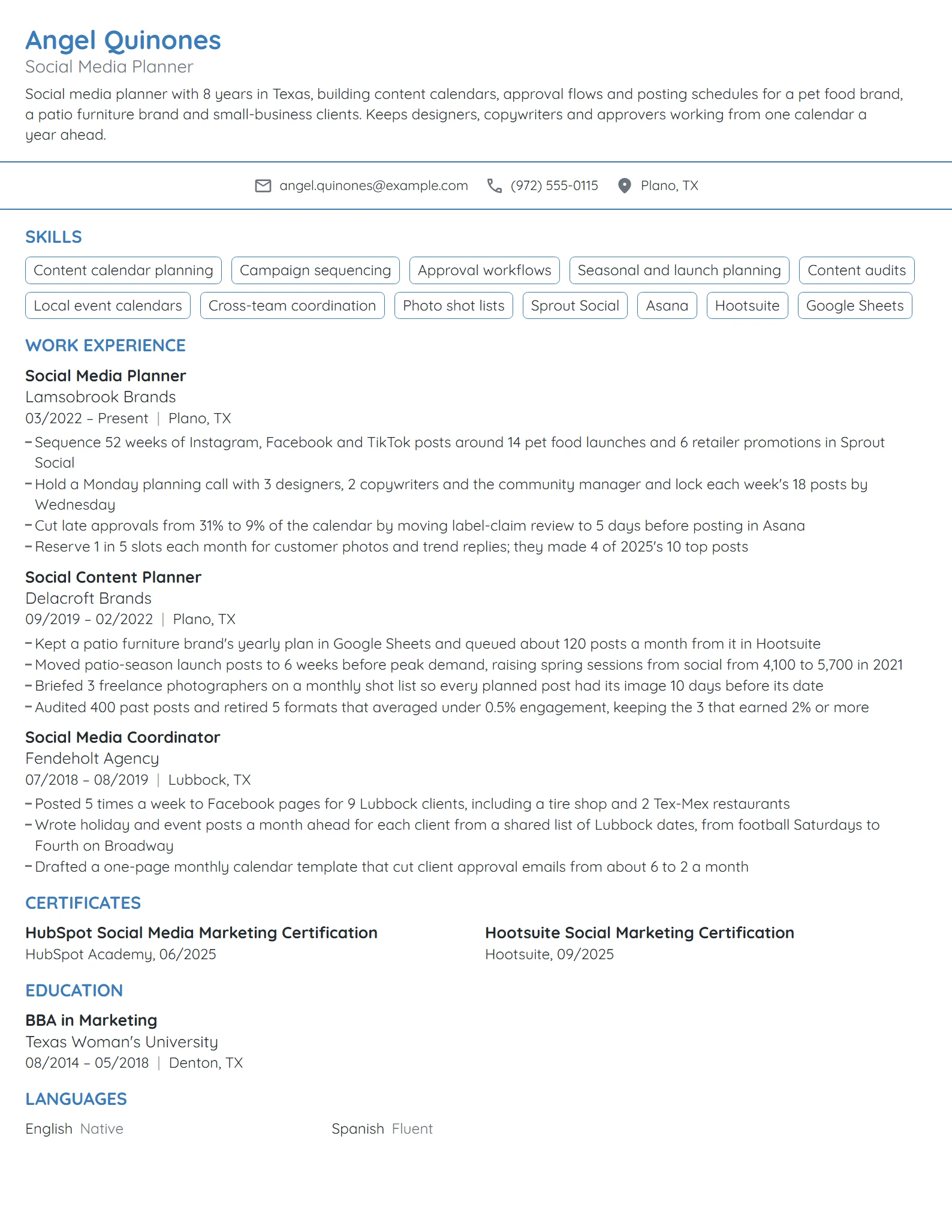 Social Media Planner resume example