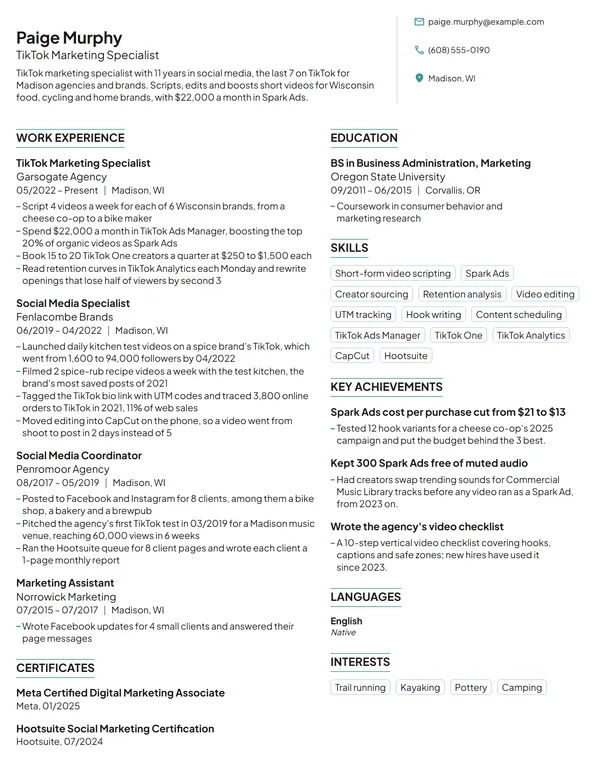 TikTok Marketing Specialist resume example