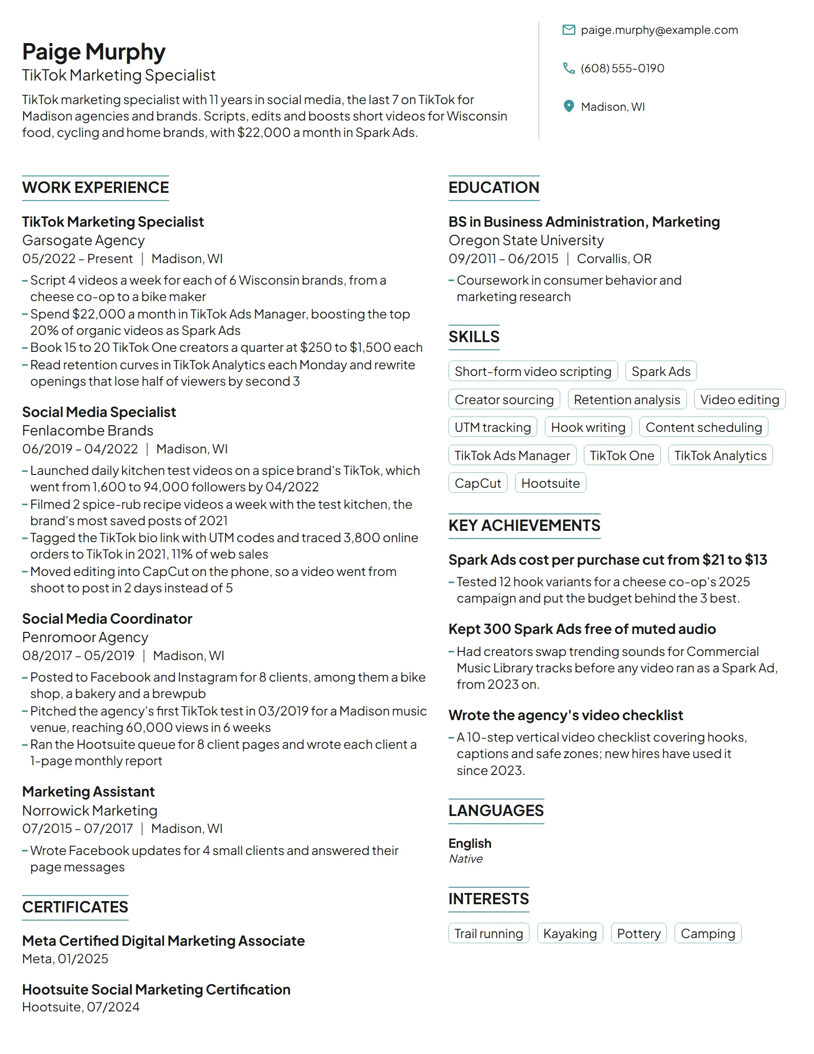 TikTok Marketing Specialist resume example