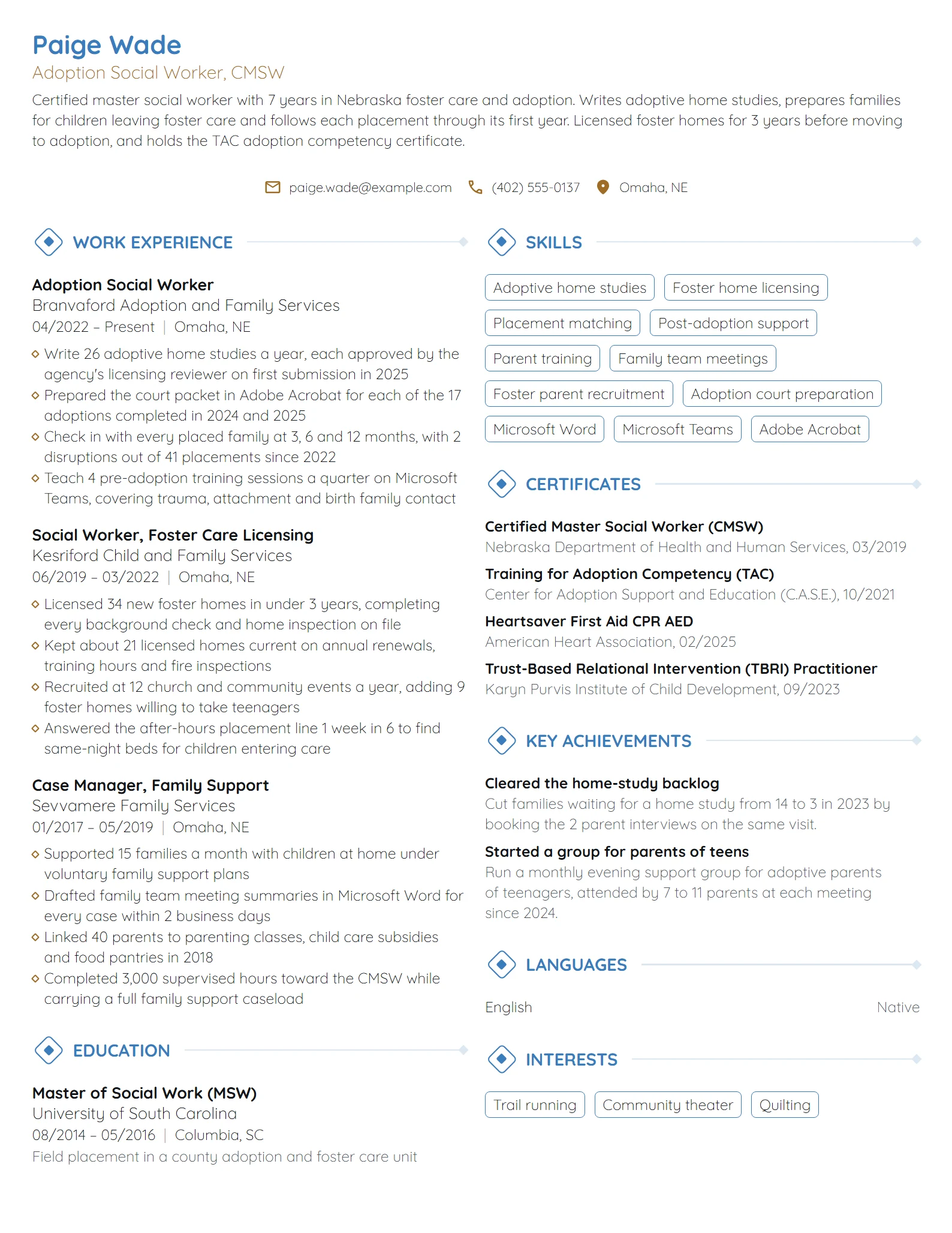 Adoption Social Worker resume example