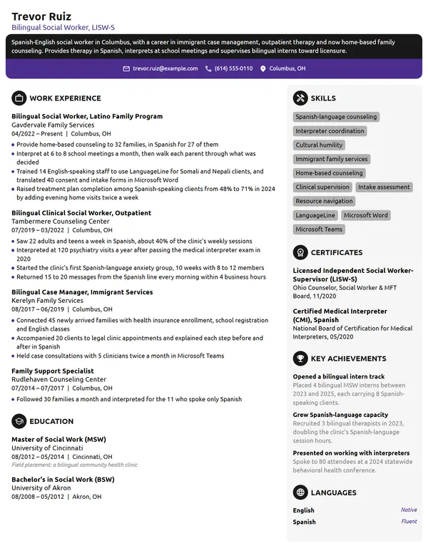 Bilingual Social Worker resume example