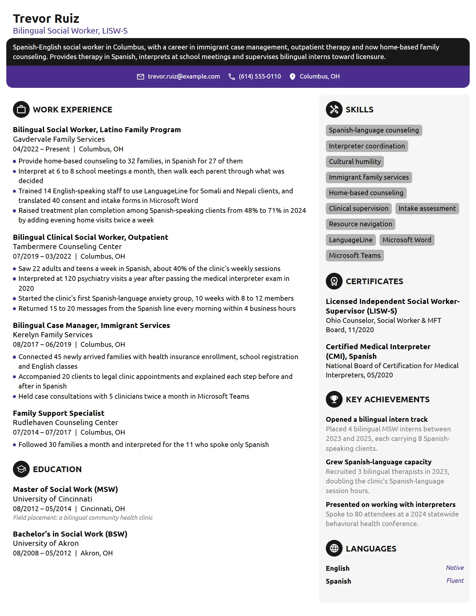 Bilingual Social Worker resume example