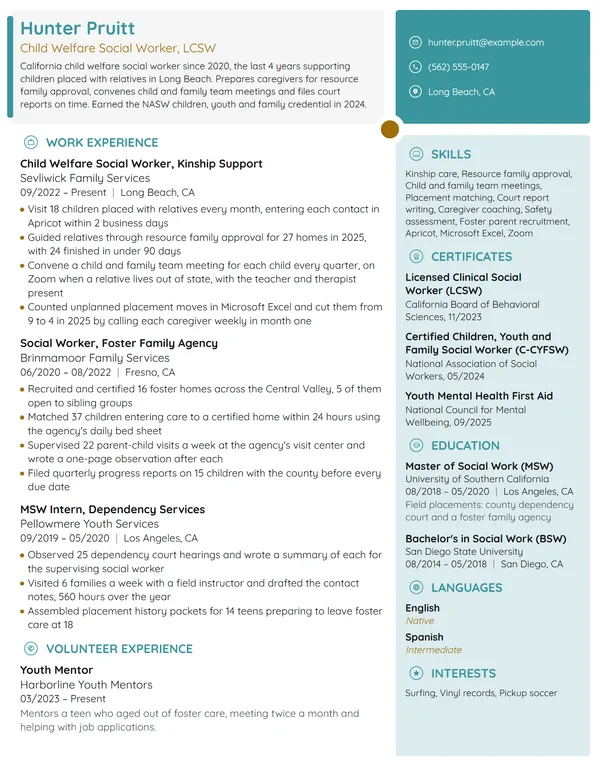Child Welfare Social Worker resume example