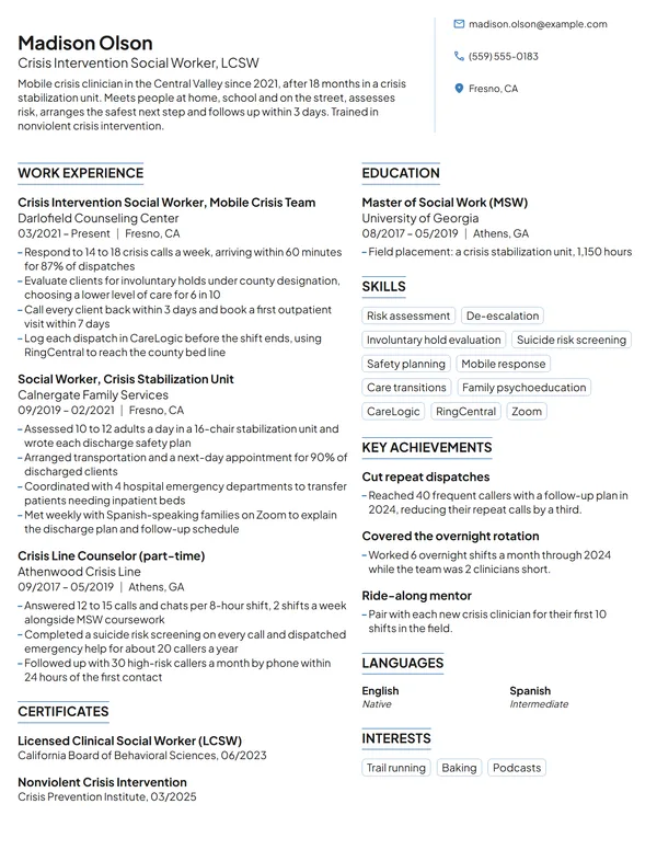 Crisis Intervention Social Worker resume example