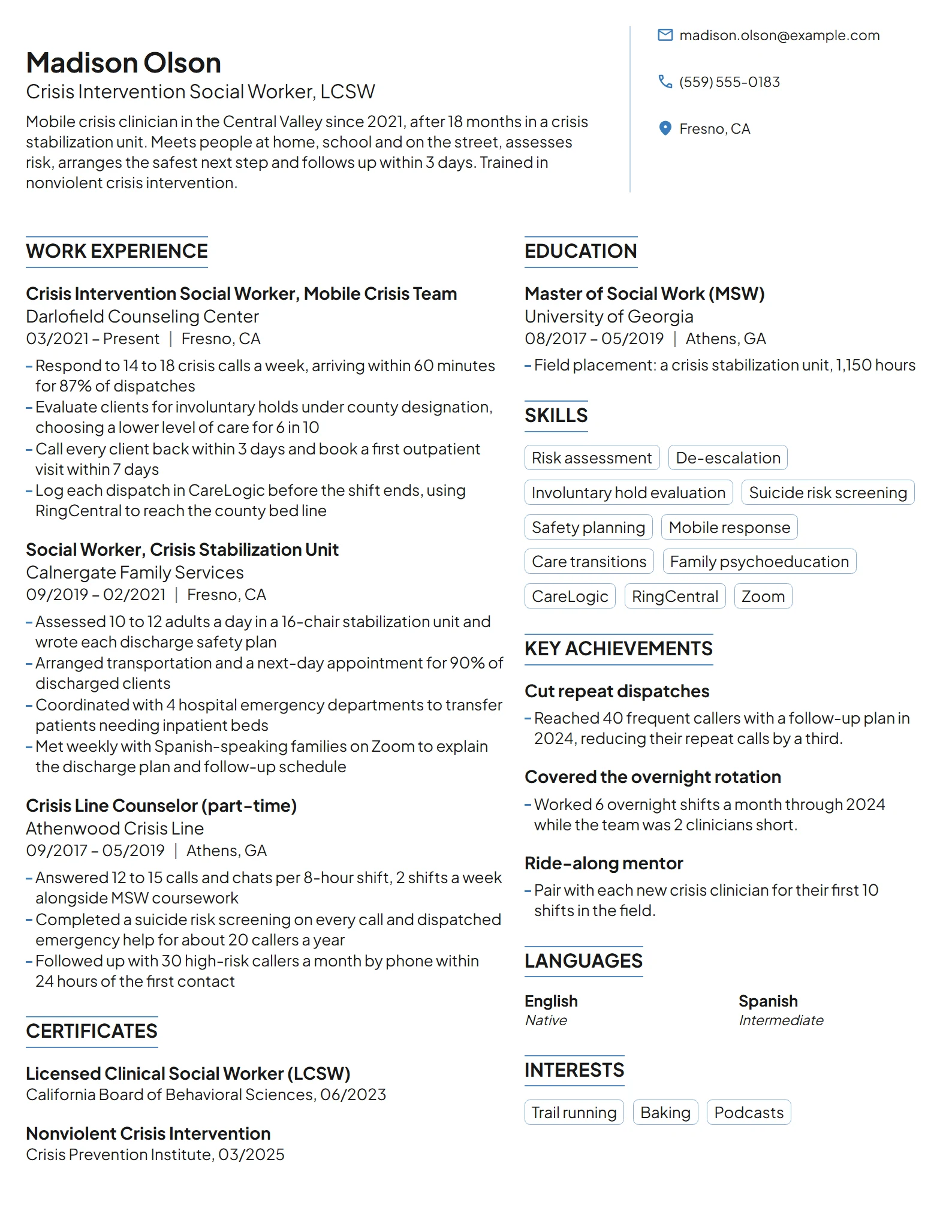Crisis Intervention Social Worker resume example