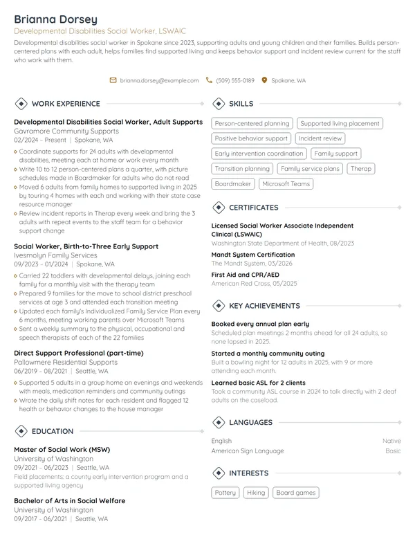 Developmental Disabilities Social Worker resume example