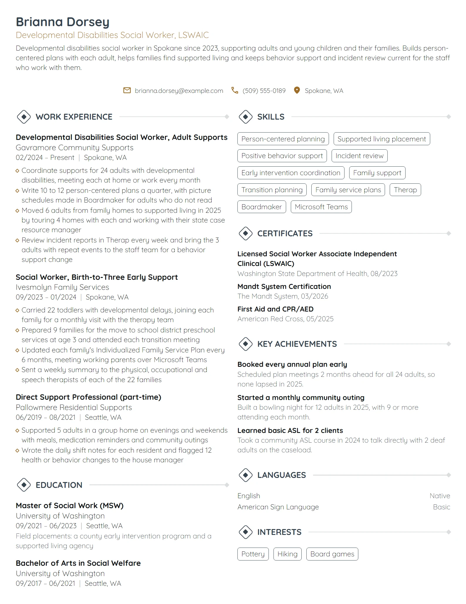 Developmental Disabilities Social Worker resume example