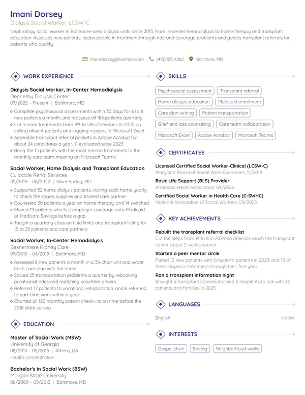 Dialysis Social Worker resume example