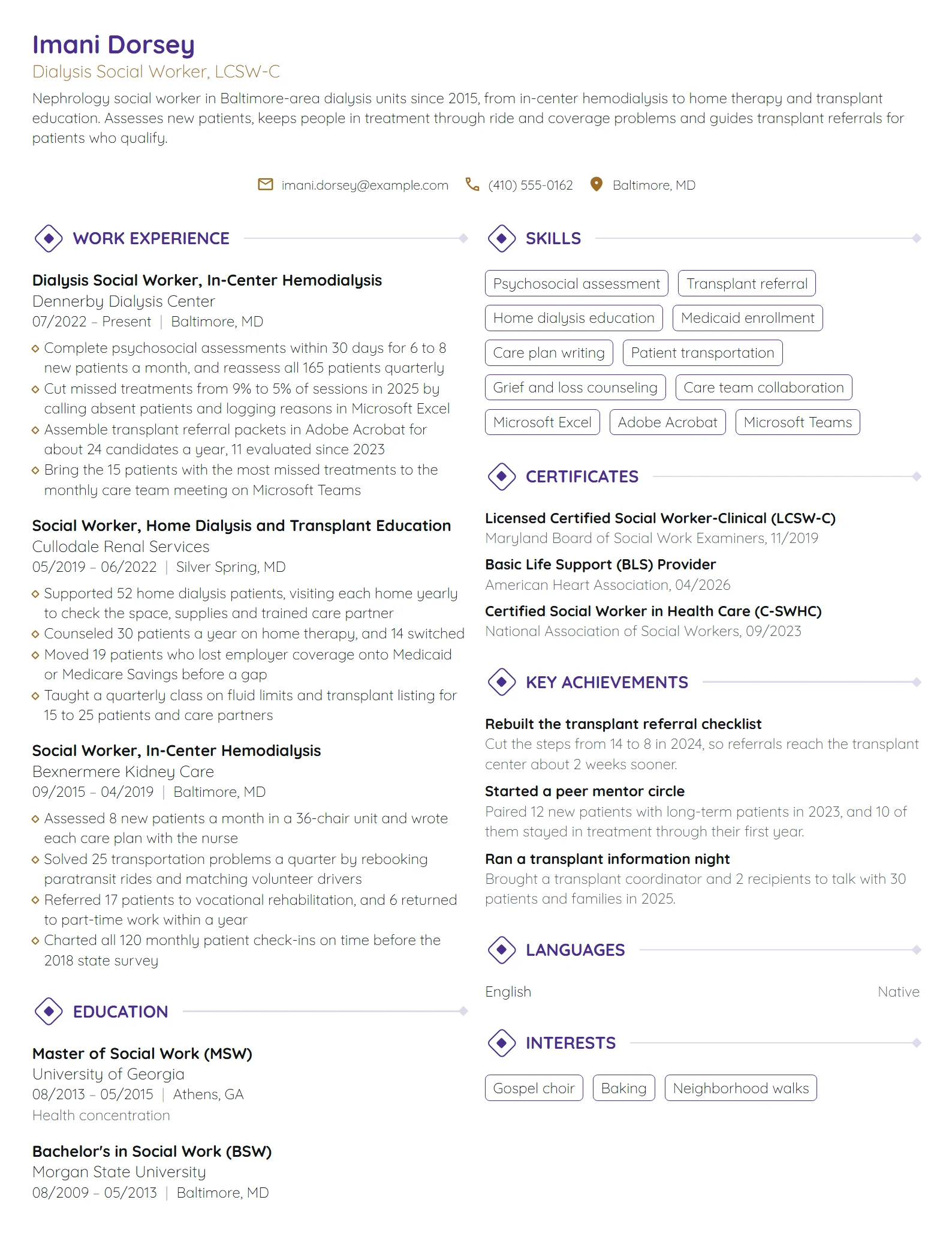 Dialysis Social Worker resume example